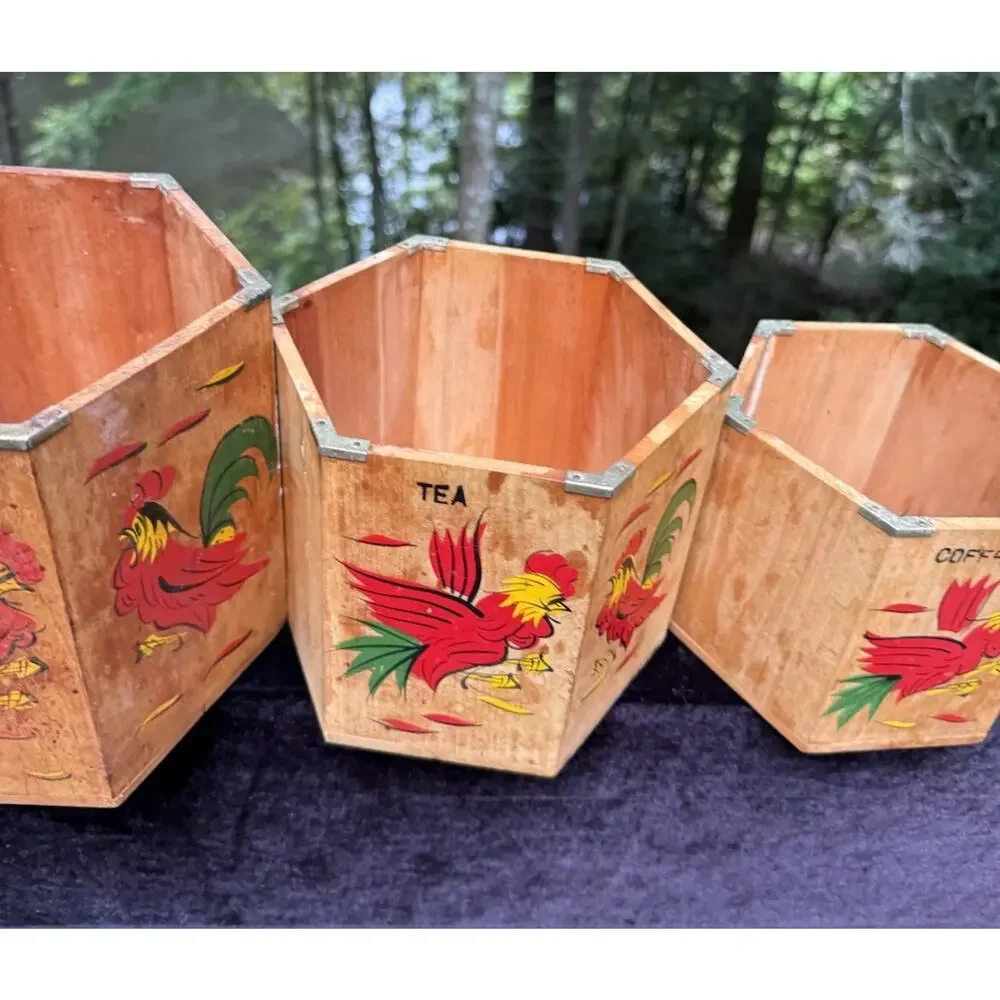 4 MCM 1960’s Japan Betson's Wood Rooster Hexagon 6-Sided Nesting Canisters